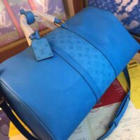 Louis Vuitton LV Unisex Keepall Bandoulière 50 Blue Taiga Cowhide Leather Monogram Eclipse Coated Canvas