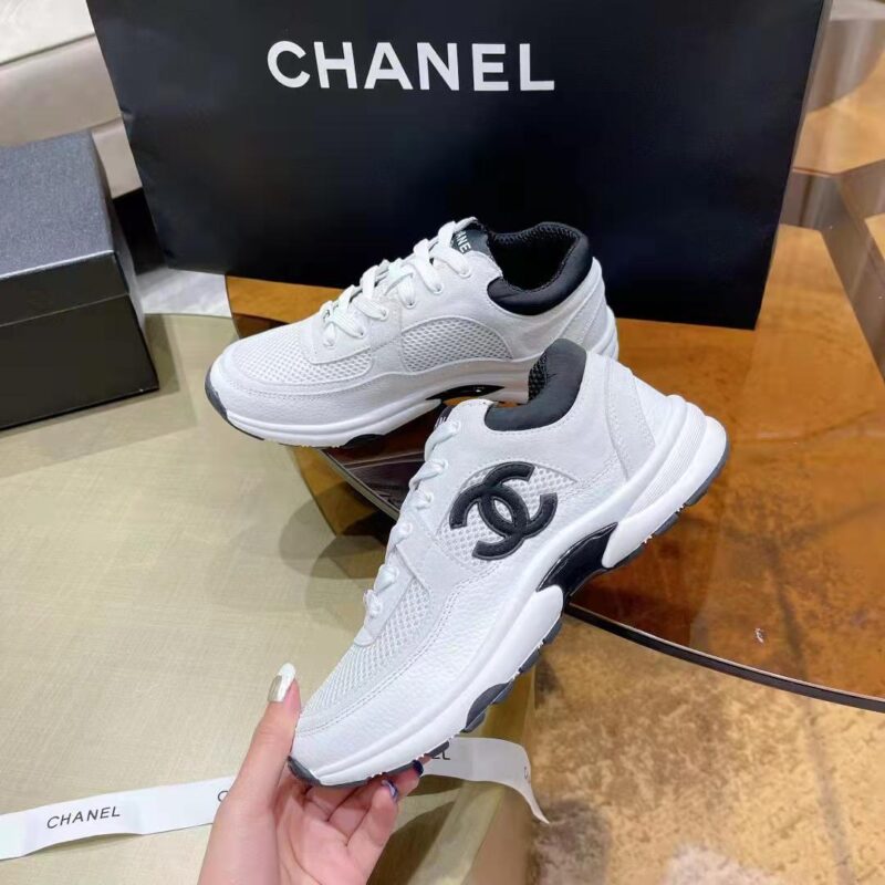 Chanel CC Women Calfskin & Mixed Fibers Sneakers White 1cm Heel