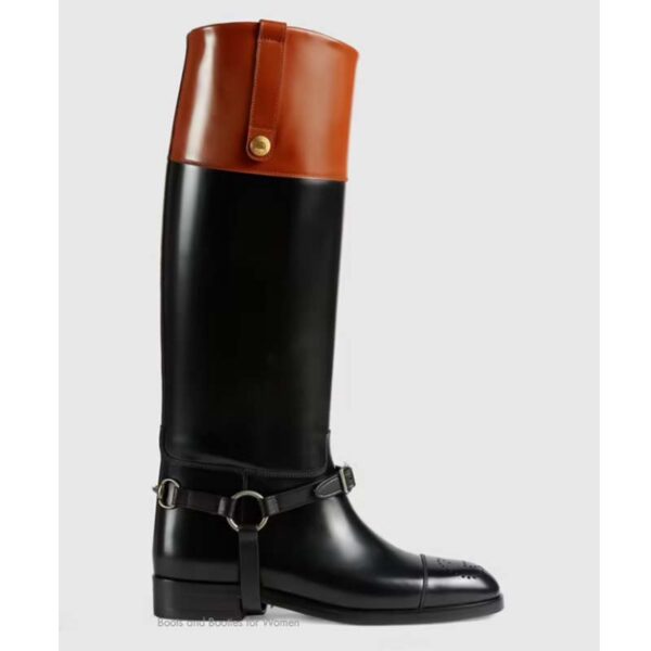 Gucci GG Women Knee-High Boot Harness Black Brown Leather Interlocking G (10)