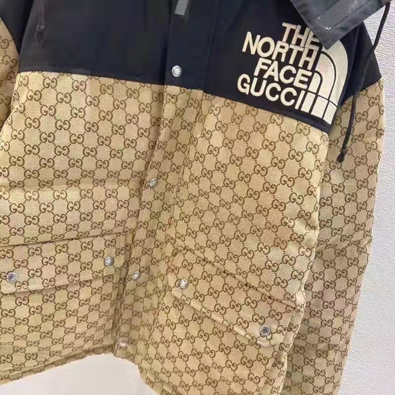 Gucci x The North Face Womens GG Padded Jacket Black Ebony Beige