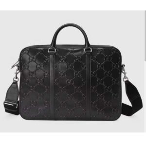 Gucci Unisex GG Embossed Briefcase Bag Black GG Embossed Leather