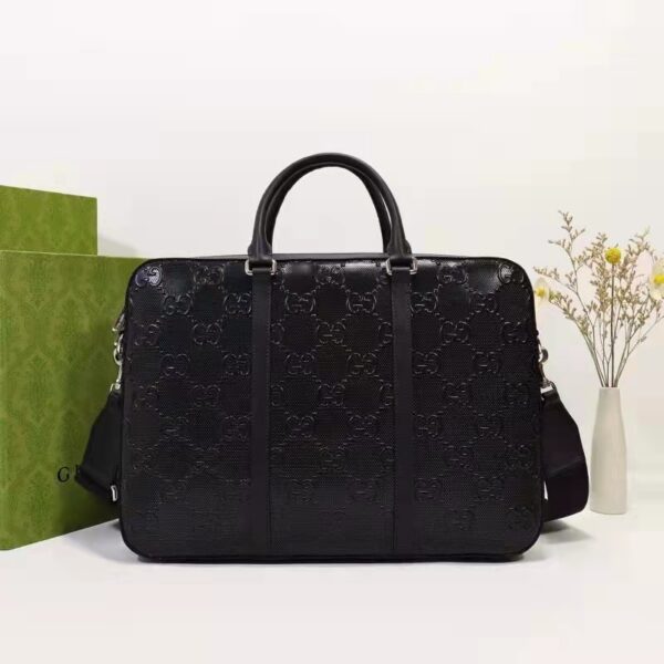 Gucci Unisex GG Embossed Briefcase Bag Black GG Embossed Leather (2)