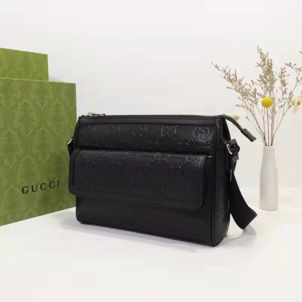 Gucci Unisex GG Embossed Messenger Bag Black GG Embossed Leather (3)