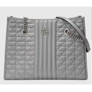 Gucci Unisex GG Marmont Medium Tote Bag Grey Matelassé Leather Double G