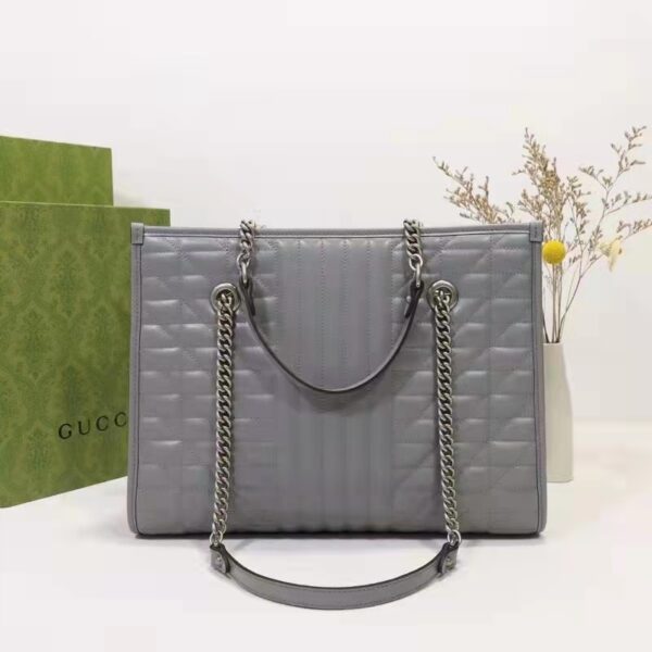 Gucci Unisex GG Marmont Medium Tote Bag Grey Matelassé Leather Double G (4)