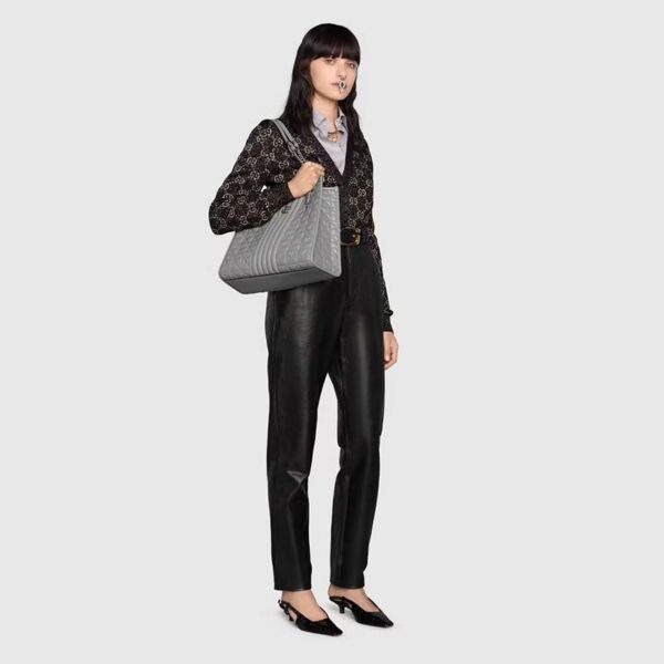 Gucci Unisex GG Marmont Medium Tote Bag Grey Matelassé Leather Double G