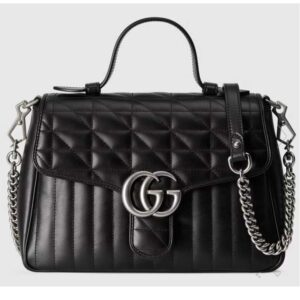 Gucci Unisex GG Marmont Small Top Handle Bag Black Matelassé Leather Double G
