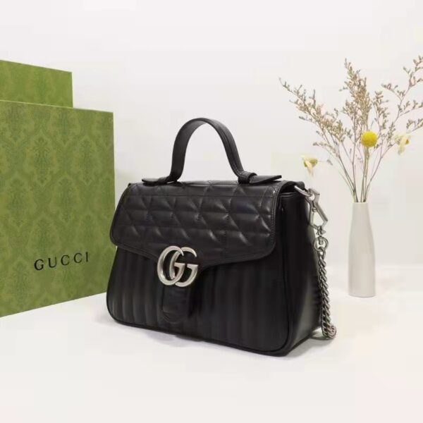 Gucci Unisex GG Marmont Small Top Handle Bag Black Matelassé Leather Double G (11)