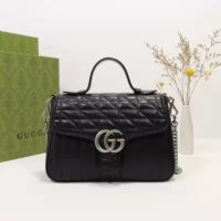 Gucci Unisex GG Marmont Small Top Handle Bag Black Matelassé Leather Double G (1)