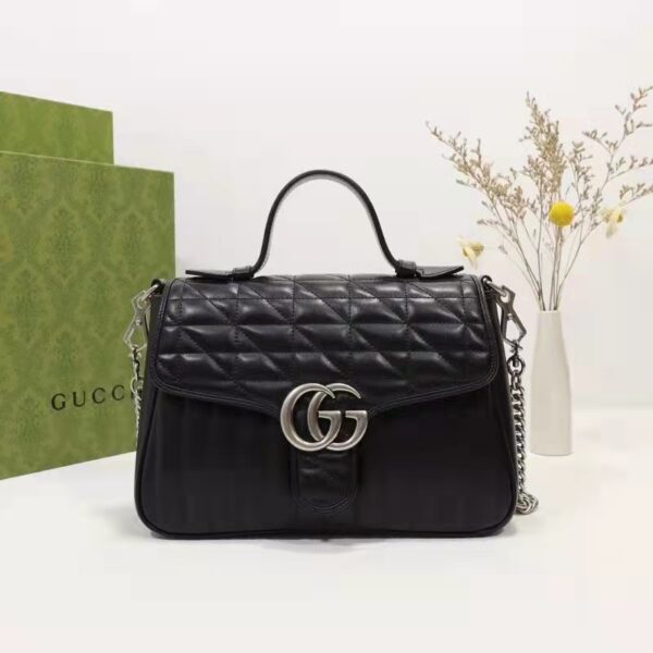 Gucci Unisex GG Marmont Small Top Handle Bag Black Matelassé Leather Double G (8)
