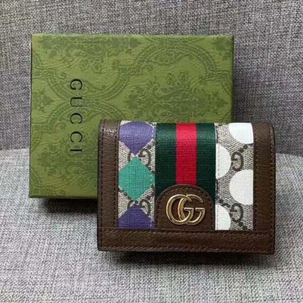 Gucci Unisex GG Ophidia Card Case Wallet Brown Leather Beige Ebony Supreme Canvas
