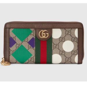 Gucci Unisex GG Ophidia Zip Around Wallet Beige Ebony GG Supreme Canvas