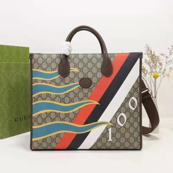 Gucci Unisex Medium Tote Geometric Print Beige Ebony GG Supreme Canvas (2)