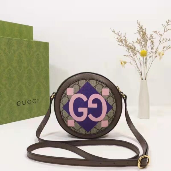 Gucci Unisex Round Shoulder Bag Double G Beige Ebony GG Supreme Canvas (10)