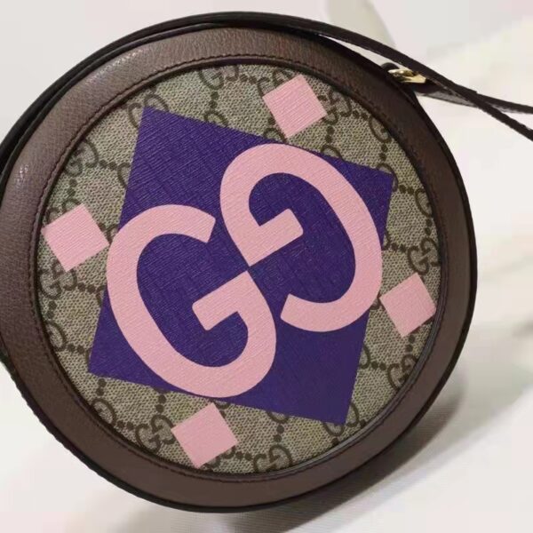 Gucci Unisex Round Shoulder Bag Double G Beige Ebony GG Supreme Canvas (4)