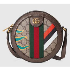 Gucci Unisex Round Shoulder Bag Double G Beige Ebony GG Supreme Canvas