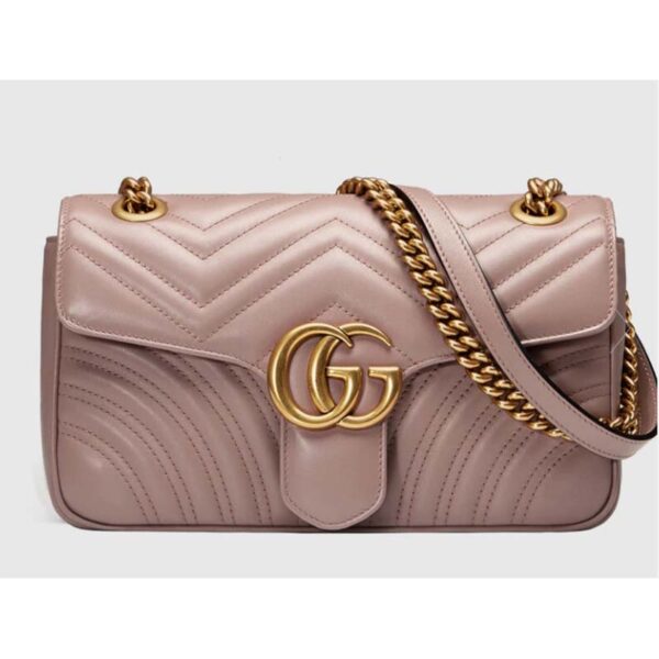 Gucci Women GG Marmont Matelassé Shoulder Bag Pink Chevron Leather Double G (1)