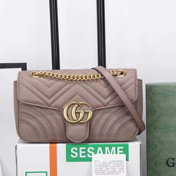 Gucci Women GG Marmont Matelassé Shoulder Bag Pink Chevron Leather Double G (10)