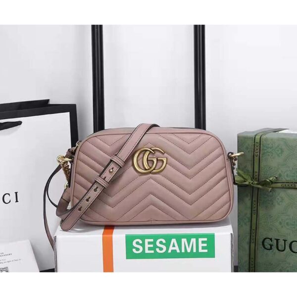 Gucci Women GG Marmont Small Matelassé Shoulder Bag Pink Leather Double G (10)