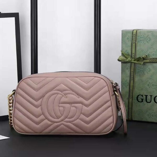 Gucci Women GG Marmont Small Matelassé Shoulder Bag Pink Leather Double G (6)