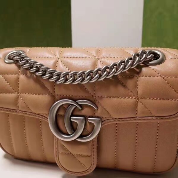 Gucci Women GG Marmont Small Shoulder Bag Beige Matelassé Leather Double G (10)