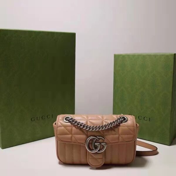 Gucci Women GG Marmont Small Shoulder Bag Beige Matelassé Leather Double G (11)