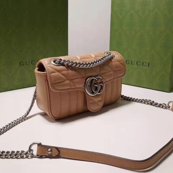 Gucci Women GG Marmont Small Shoulder Bag Beige Matelassé Leather Double G (4)