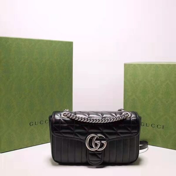Gucci Women GG Marmont Small Shoulder Bag Black Matelassé Leather Double G (11)