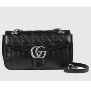 Gucci Women GG Marmont Small Shoulder Bag Black Matelassé Leather Double G