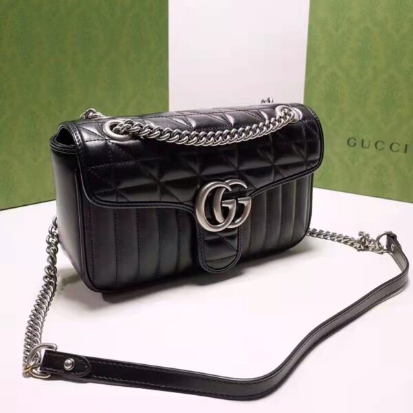 Gucci Women GG Marmont Small Shoulder Bag Black Matelassé Leather Double G (3)