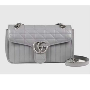 Gucci Women GG Marmont Small Shoulder Bag Grey Matelassé Leather Double G