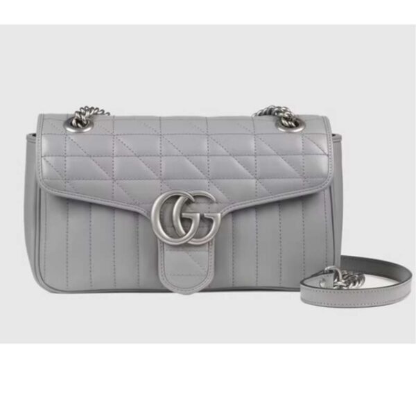 Gucci Women GG Marmont Small Shoulder Bag Grey Matelassé Leather Double G (1)