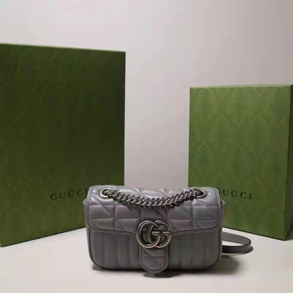 Gucci Women GG Marmont Small Shoulder Bag Grey Matelassé Leather Double G (10)
