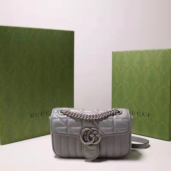Gucci Women GG Marmont Small Shoulder Bag Grey Matelassé Leather Double G (4)