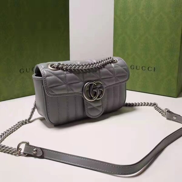 Gucci Women GG Marmont Small Shoulder Bag Grey Matelassé Leather Double G (6)