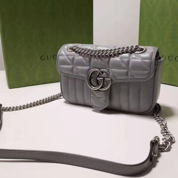 Gucci Women GG Marmont Small Shoulder Bag Grey Matelassé Leather Double G (7)