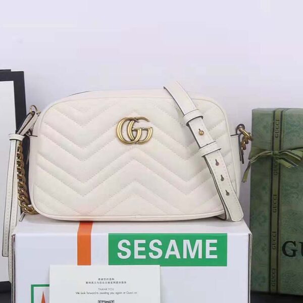 Gucci Women GG Marmont Small Shoulder Bag White Matelassé Chevron Leather (10)