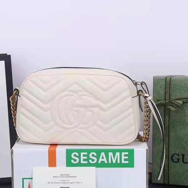 Gucci Women GG Marmont Small Shoulder Bag White Matelassé Chevron Leather (4)