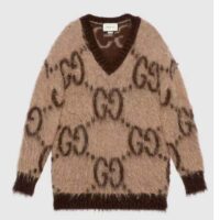 Gucci Women GG Mohair Wool V-Neck Sweater Beige Brown (1)