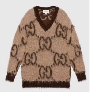 Gucci Women GG Mohair Wool V-Neck Sweater Beige Brown