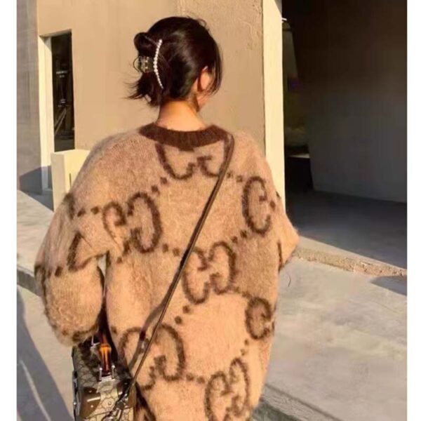 Gucci Women GG Mohair Wool V-Neck Sweater Beige Brown (3)