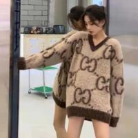 Gucci Women GG Mohair Wool V-Neck Sweater Beige Brown (1)