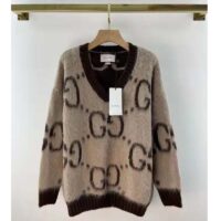 Gucci Women GG Mohair Wool V-Neck Sweater Beige Brown (1)