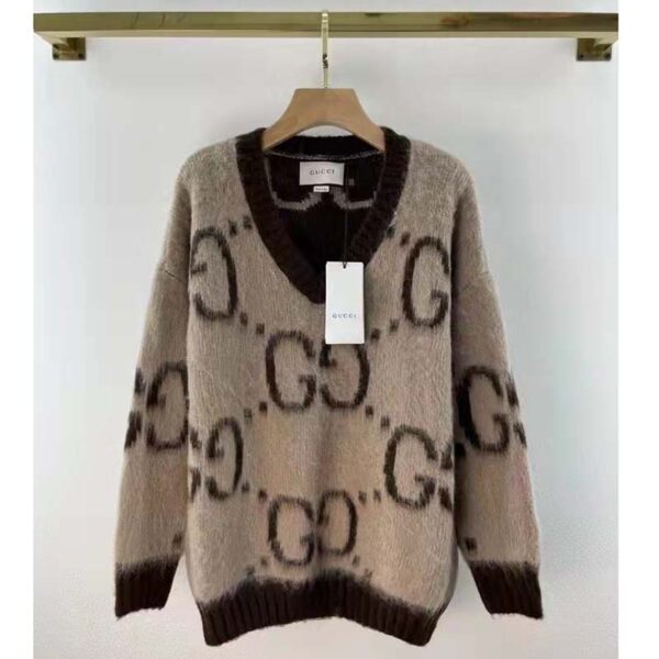 Gucci Women GG Mohair Wool V-Neck Sweater Beige Brown (6)