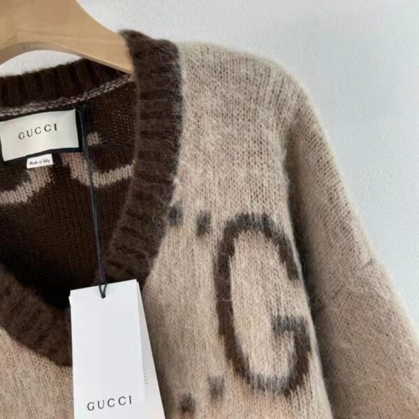Gucci Women GG Mohair Wool V-Neck Sweater Beige Brown (7)