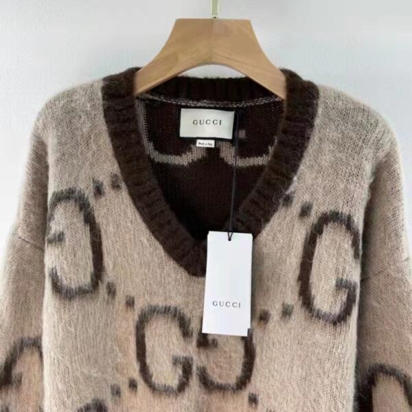 Gucci Women GG Mohair Wool V-Neck Sweater Beige Brown (9)