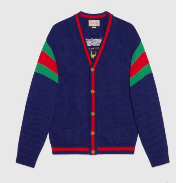 Gucci Women Gucci 100 Wool Cardigan Blue Wool Green Red V-Neck (12)