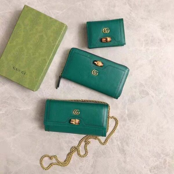 Gucci Women Gucci Diana Card Case Wallet Double GG Green Leather