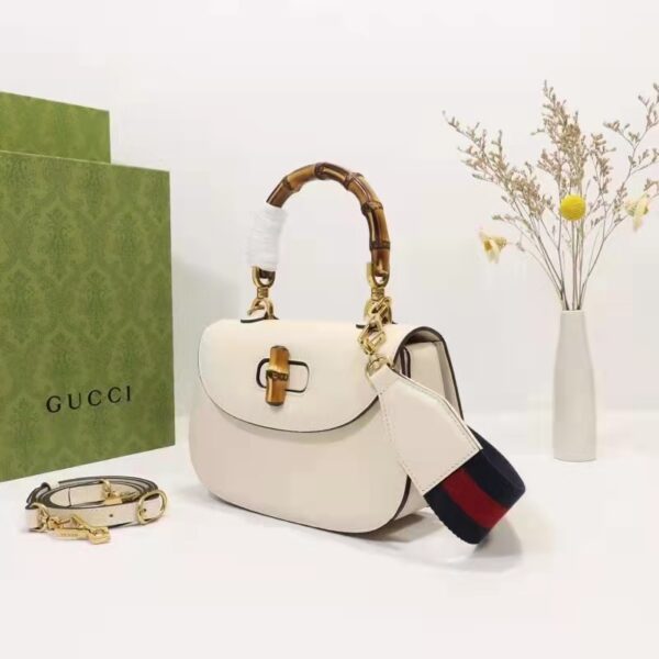 Gucci Women Gucci Women GG Small Top Handle Bag Bamboo White Leather (7)
