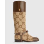 Bottes hautes Gucci pour femmes, harnais beige ébène, toile Maxi GG, G entrelacés